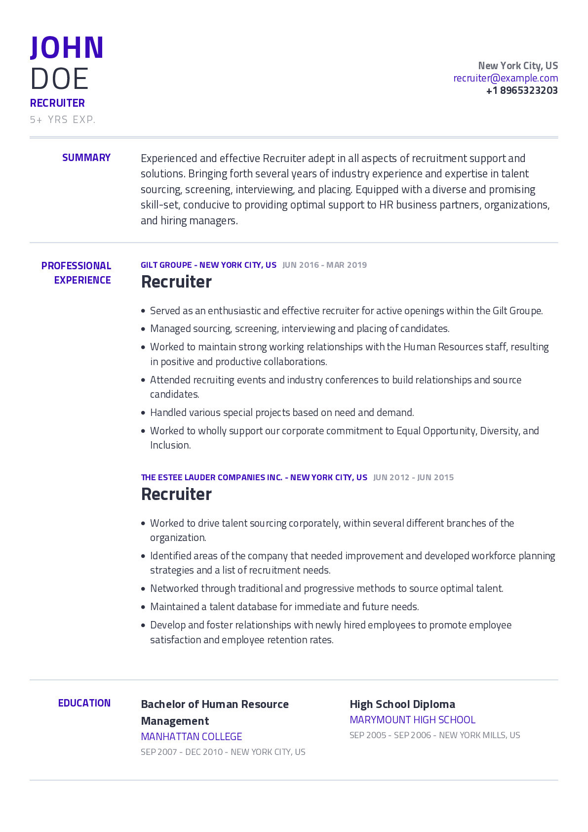 Sample Resume for Experienced It Recruiter Recruiter Resume Example with Content Sample Craftmycv
