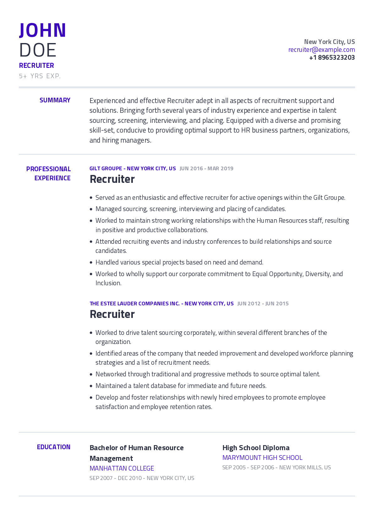 Sample Resume for Experienced It Recruiter Recruiter Resume Example with Content Sample Craftmycv Sample Resume for Experienced It Recruiter Recruiter Resume Example with Content Sample Craftmycv
