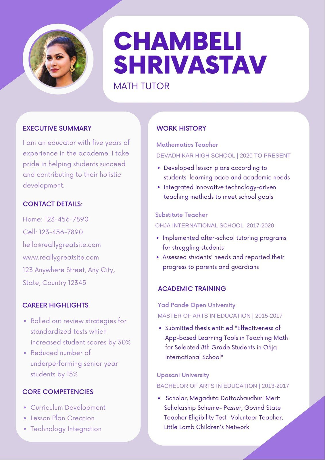 Sample Resume for High School ath Teacher Purple Bordered Math Tutor Resume – Templates by Canva