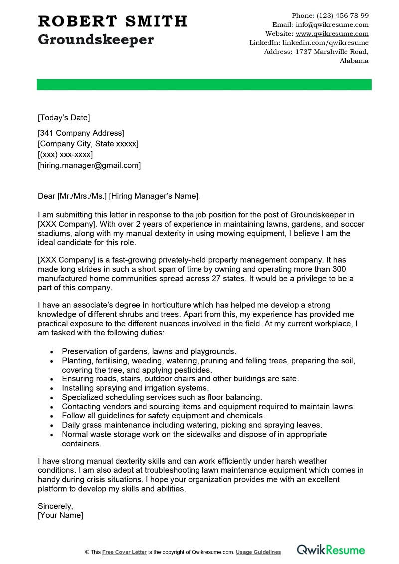 Sample Resume for Lawn Care Specialist Groundskeeper Cover Letter Examples – Qwikresume