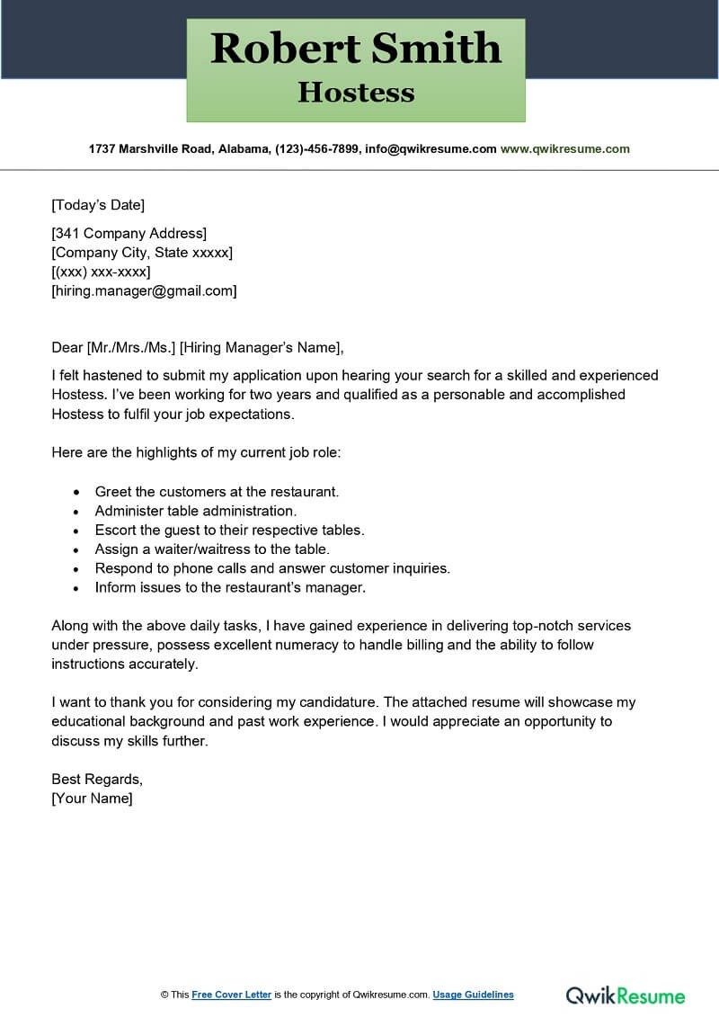 Sample Resume for Lead Patient Care Hostess Hostess Cover Letter Examples – Qwikresume