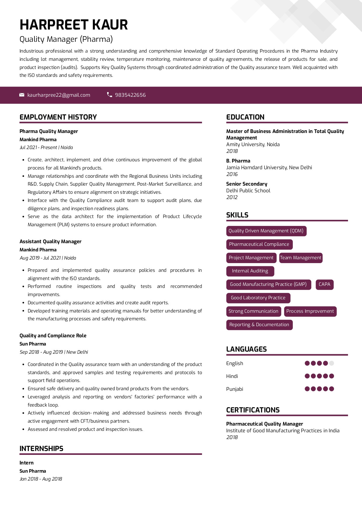 Sample Resume for Qa Manager In Pharma Company Sample Resume Of Quality Manager – Pharma with Template & Writing …