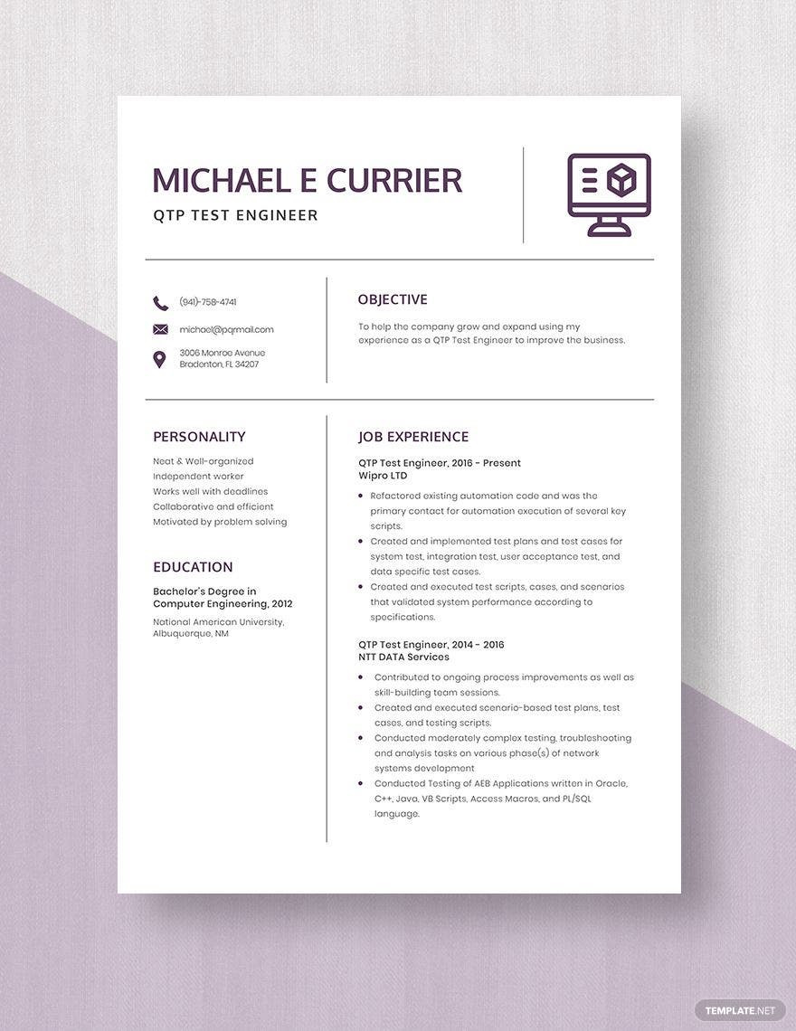 Sample Resume for Qtp Automation Tester Qtp Test Engineer Resume Template – Word, Apple Pages Template.net