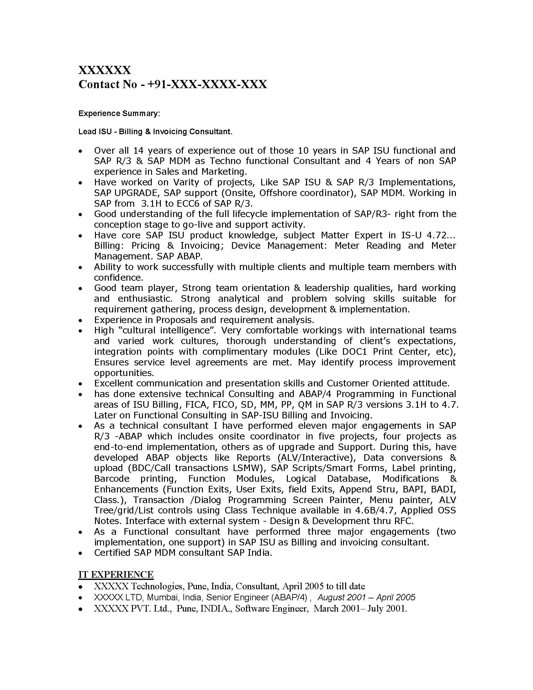 Sample Resume for Sap Bi Consultant Sap is Sample Resumes