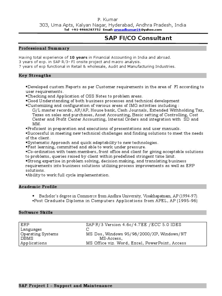 Sample Resume for Sap Fico Consultant Fresher Sap Fico Architect Cv October 2021