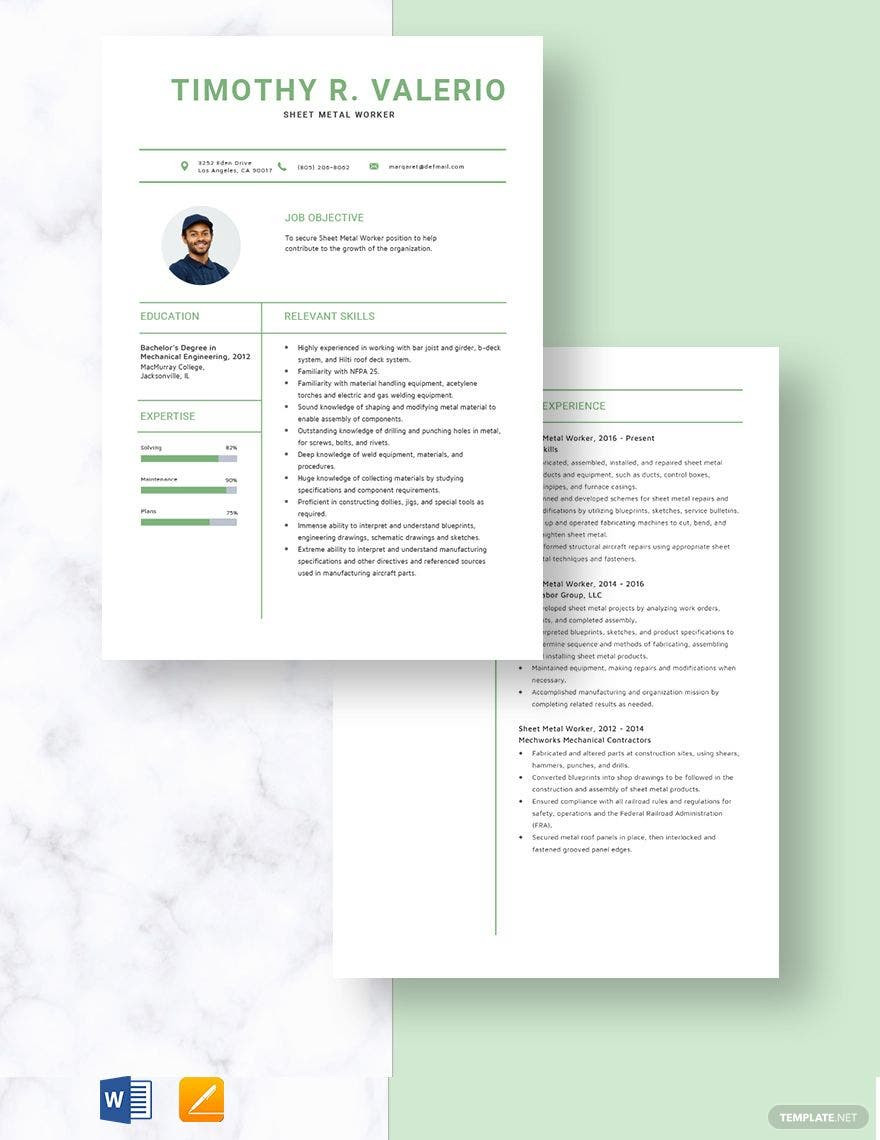 Sample Resume for Sheet Metal Installer Free Free Sheet Metal Worker Resume Template – Word, Apple Pages …