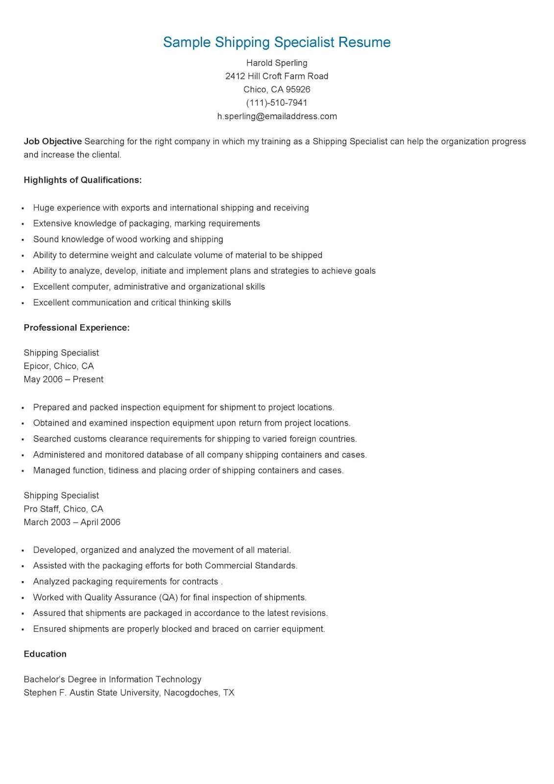 Sample Resume for Shipper and Receiver Sample Shipping Specialist Resume Resume, Sample Resume, Resume …
