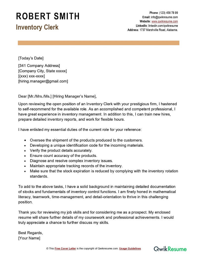 Sample Resume for Warehouse Inventory Clerk Inventory Clerk Cover Letter Examples – Qwikresume