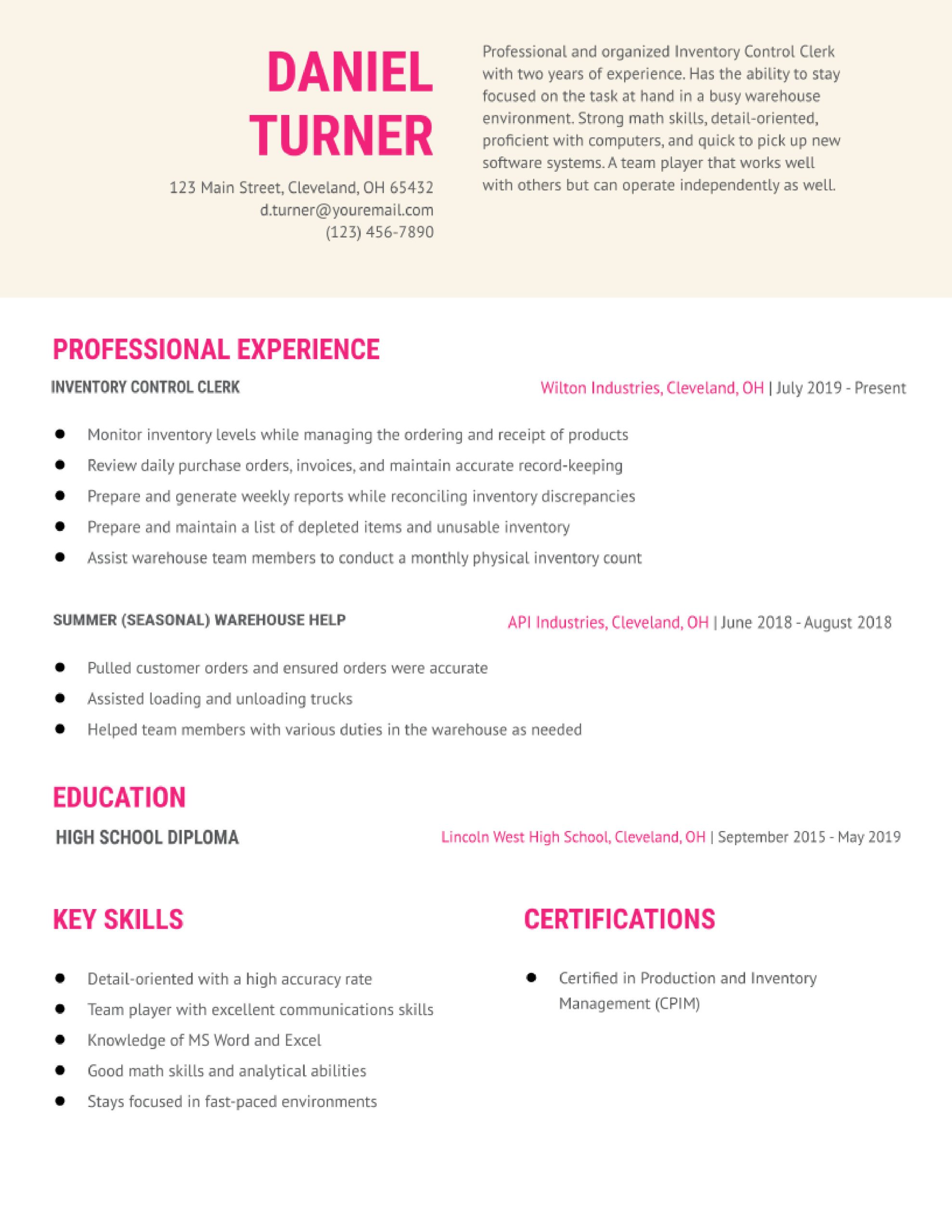 Sample Resume for Warehouse Inventory Clerk Inventory Control Clerk Resume Examples In 2022 – Resumebuilder.com