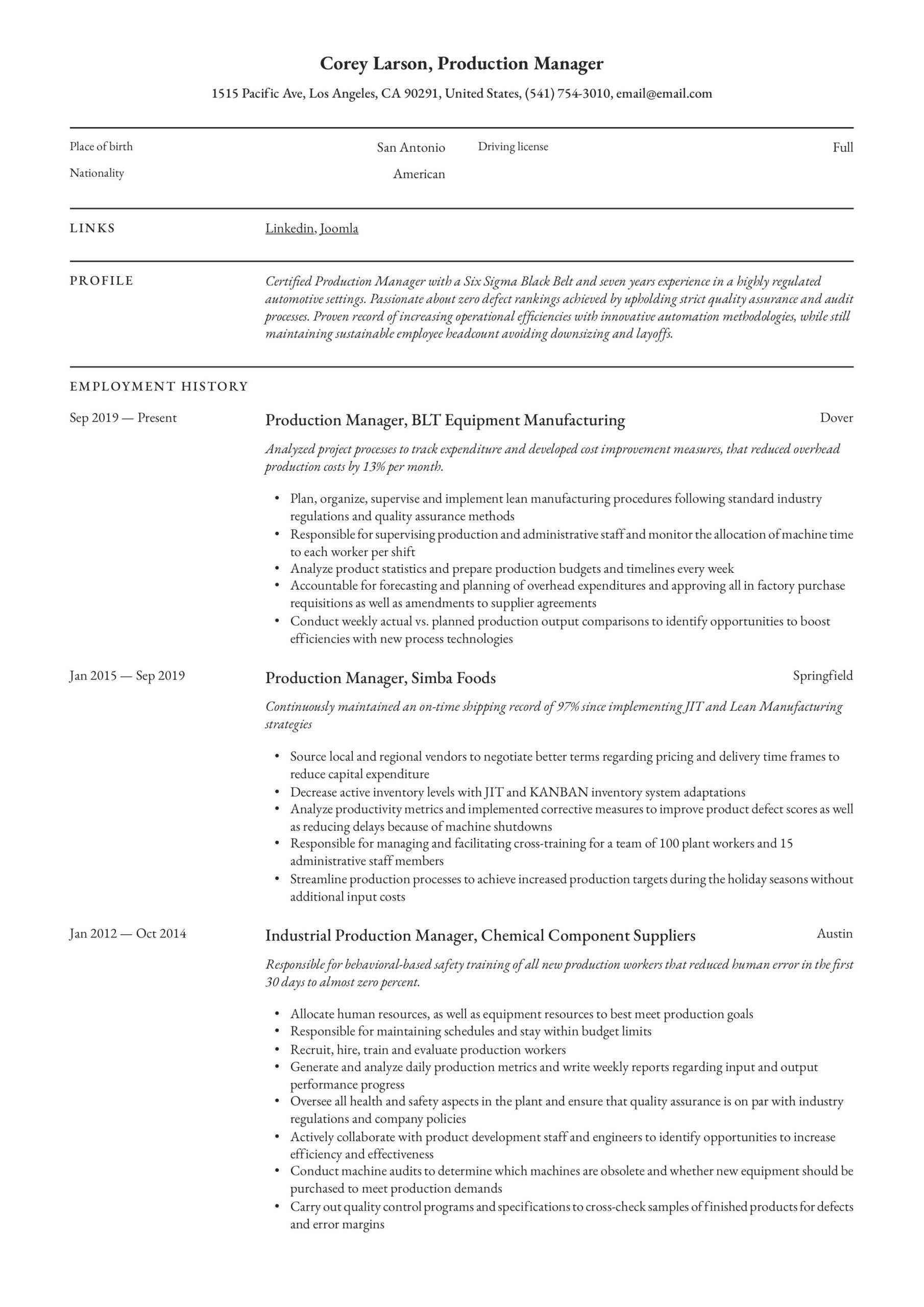 Sample Resume In Pharmaceutical Production Supervisor Production Manager Resume & Writing Guide  12 Templates 2020