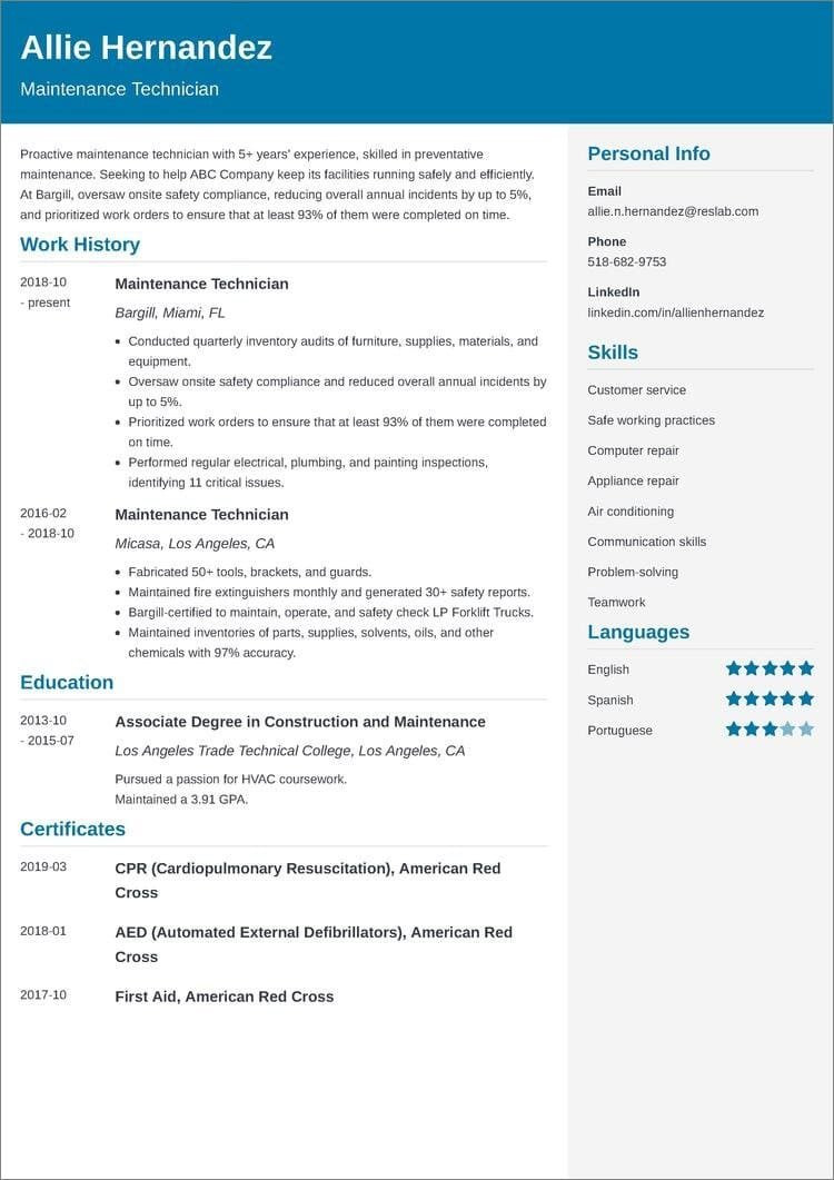 Sample Resume Objectives for Maintenance Position Maintenance Technician Resumeâsample, Objective & Skills