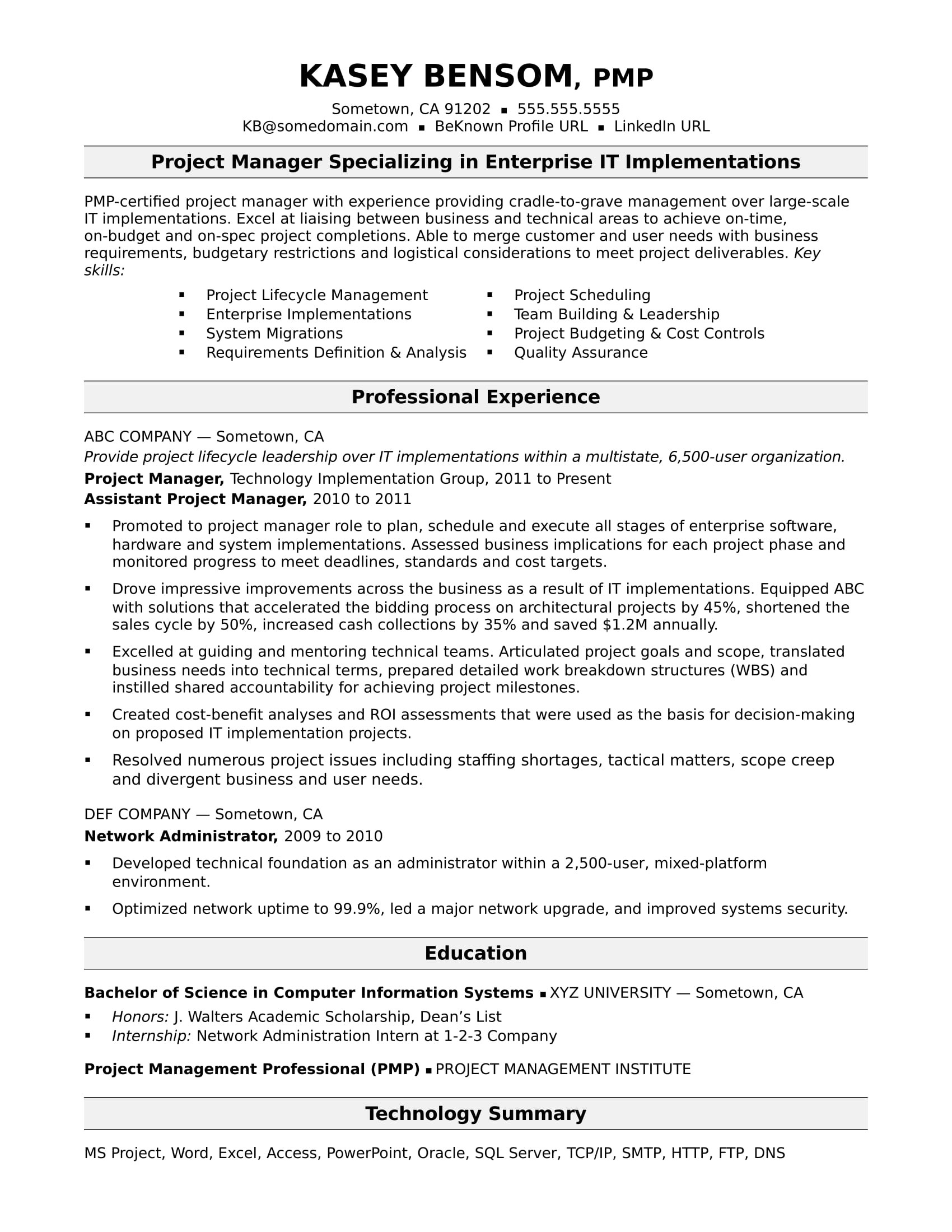 Sample Resume Of It Tech Lead Project Manager Midlevel It Project Manager Resume Monster.com