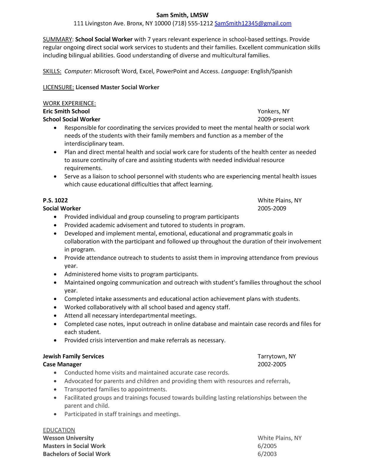 Sample Resumes for School social Worker Sample Resume: School social Worker Career Advice & Pro …