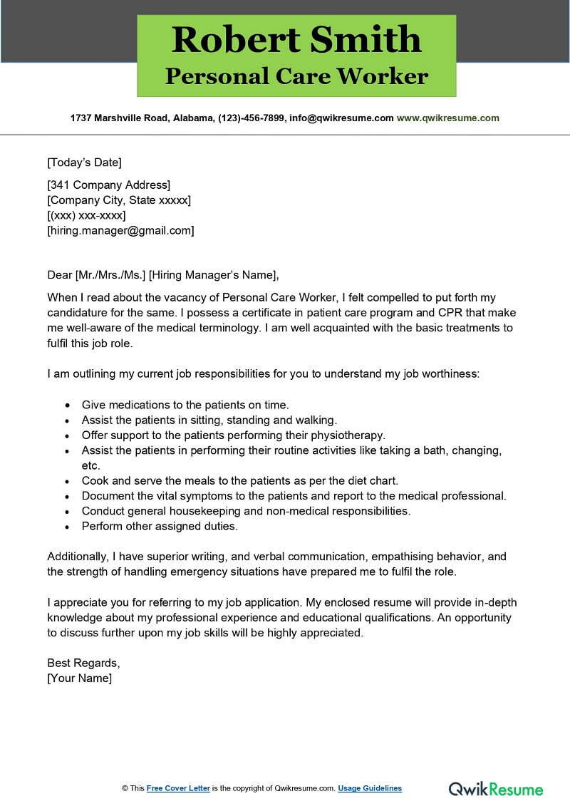 Samples Of Personal Support Worker Resume Personal Care Worker Cover Letter Examples – Qwikresume