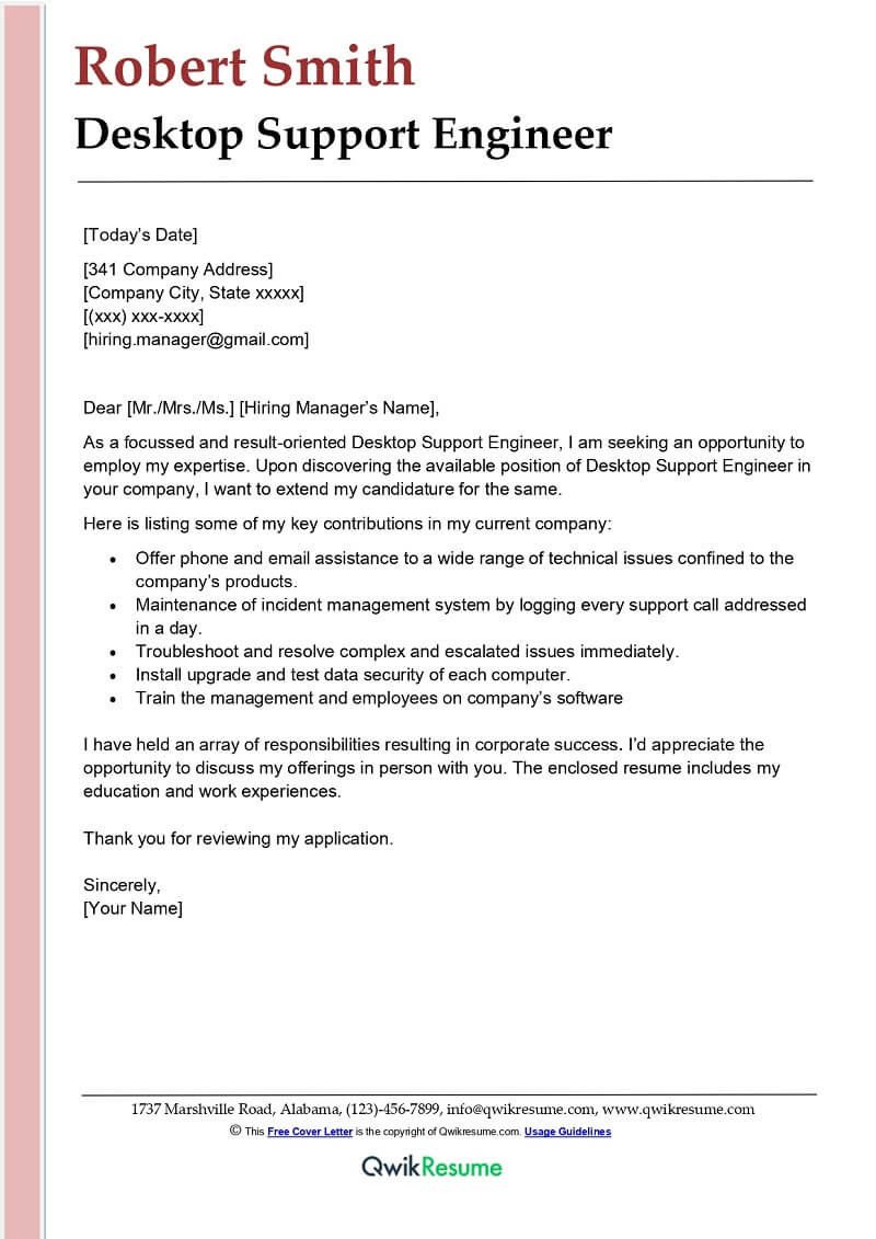 Senior Desktop Support Engineer Sample Resume Desktop Support Engineer Cover Letter Examples – Qwikresume