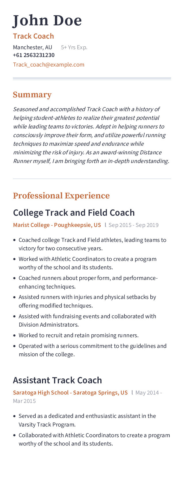 Track and Field Student athletic Resume Samples Track Coach Resume Example with Content Sample Craftmycv