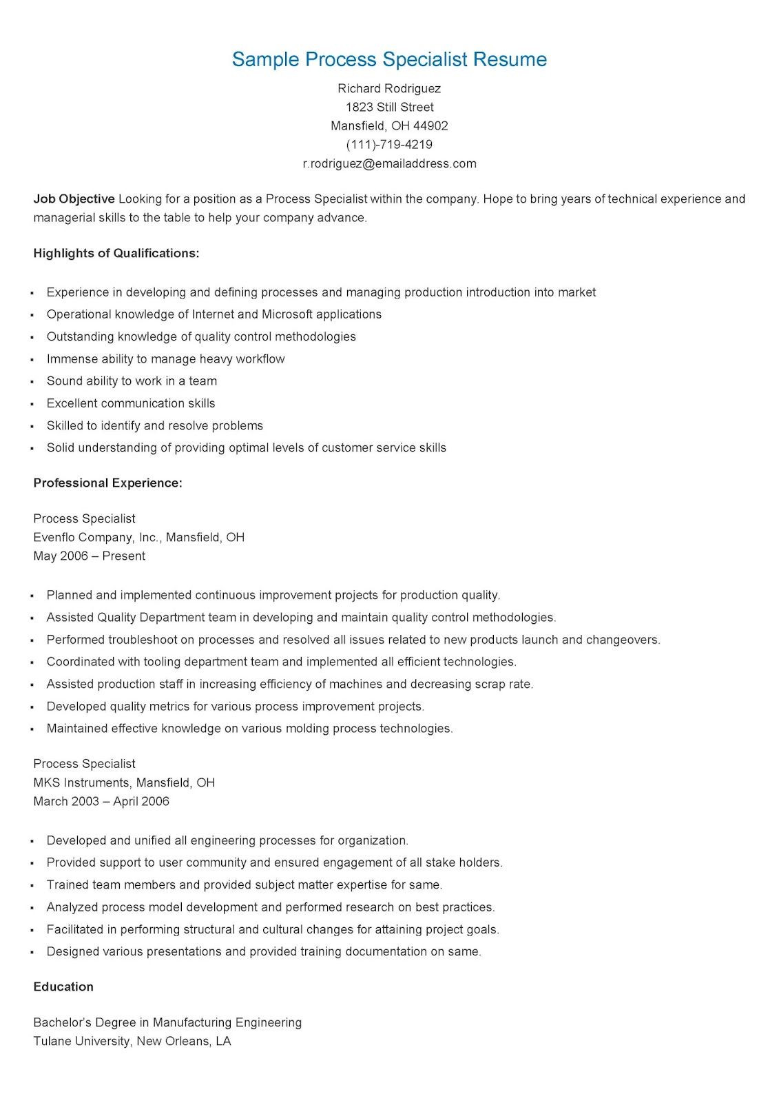 Training and Development Specialist Resume Sample Sample Process Specialist Resume Resume, Specialist, Process
