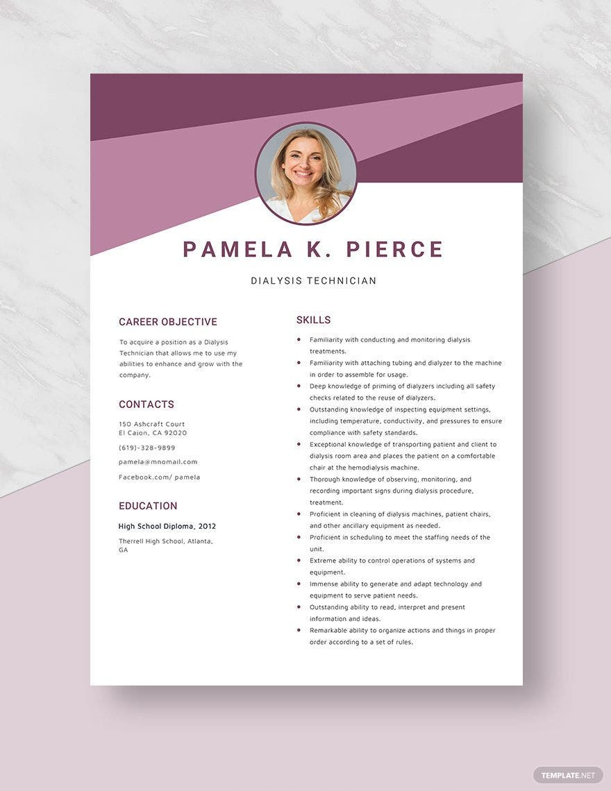 Training Position as Dialysis Patient Care Technician Resume Sample Dialysis Technician Resume Template – Word, Apple Pages Template.net
