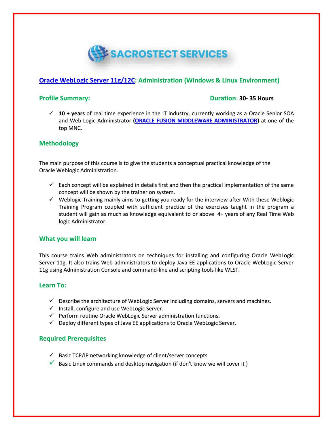 Weblogic and soa Admin Sample Resumes oracle Weblogic Admin 11g 12c Course Online Training by Sacrostect …