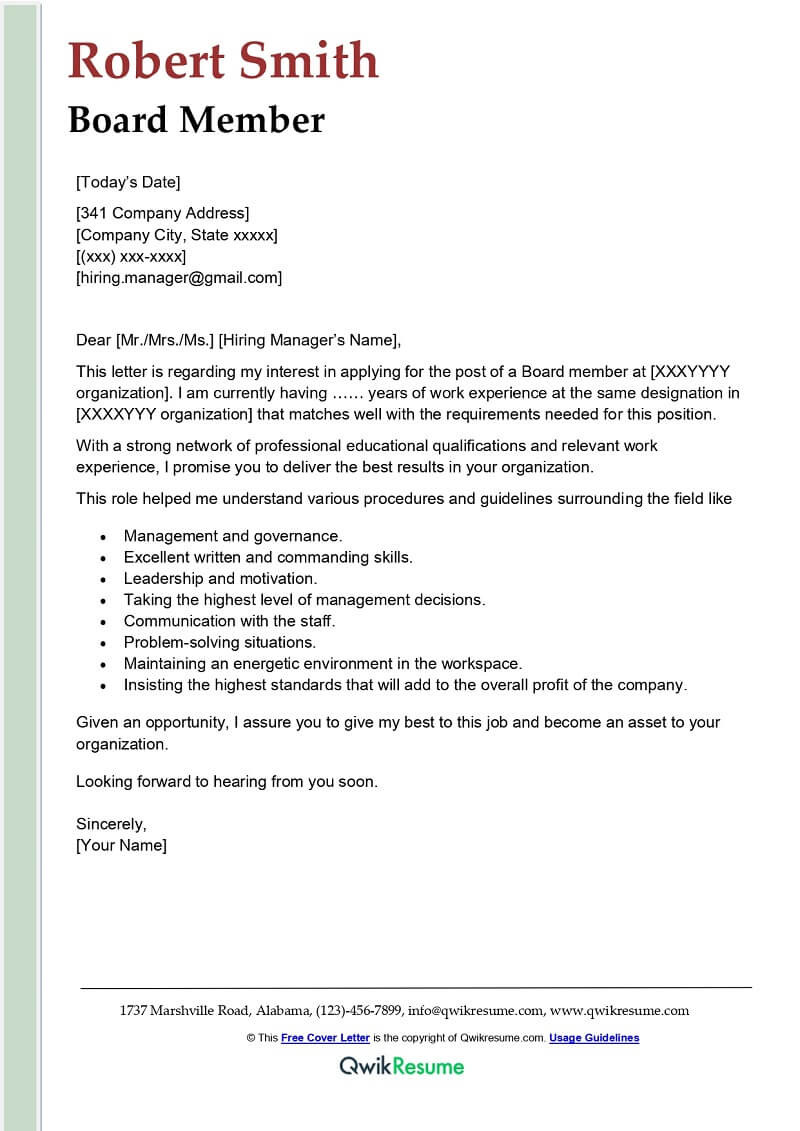 Applied for A Board Position Resume Sample Board Member Cover Letter Examples – Qwikresume
