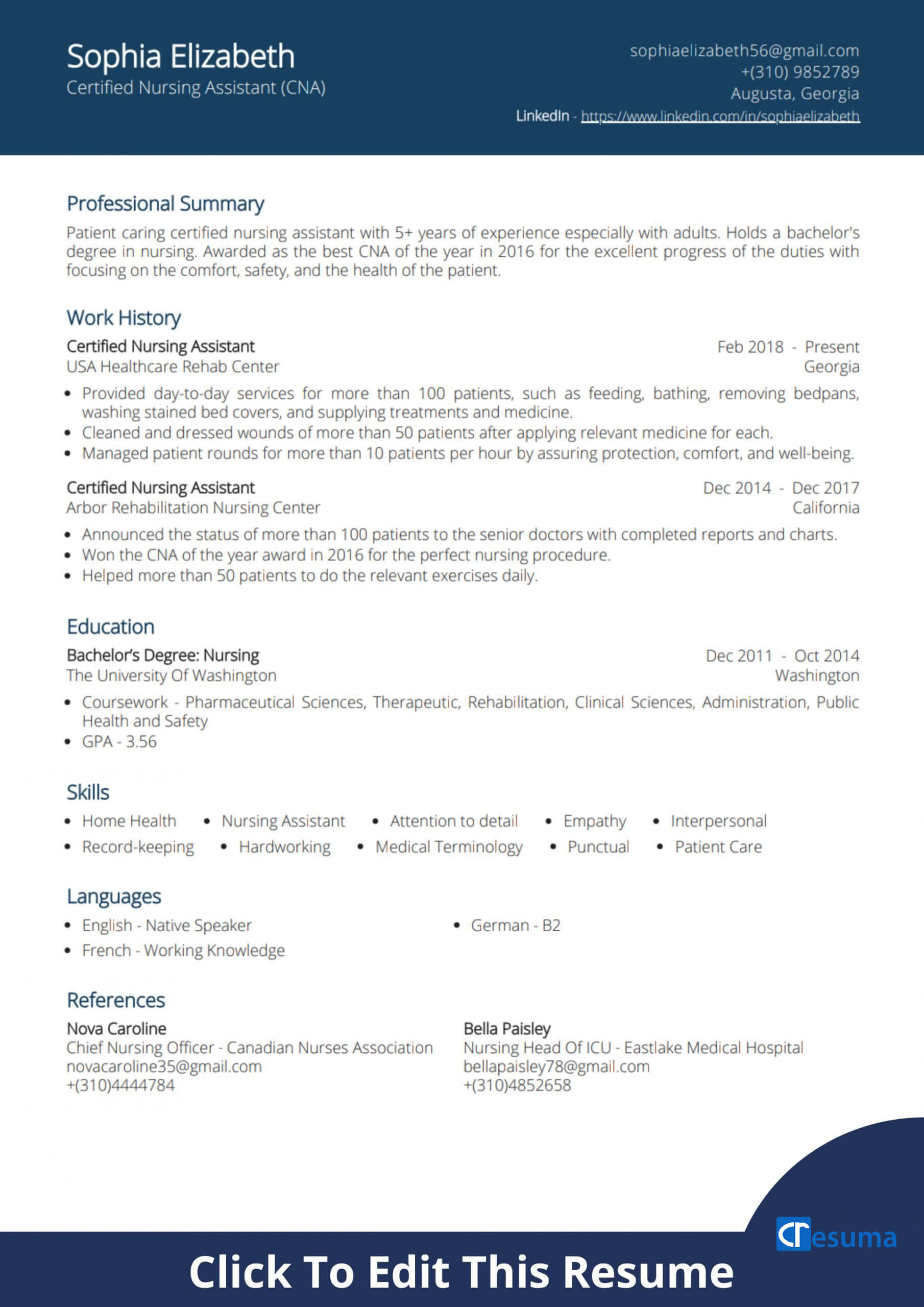 Cna Resume Sample for Nursing Home Certified Nursing assistant (cna) Resume Example