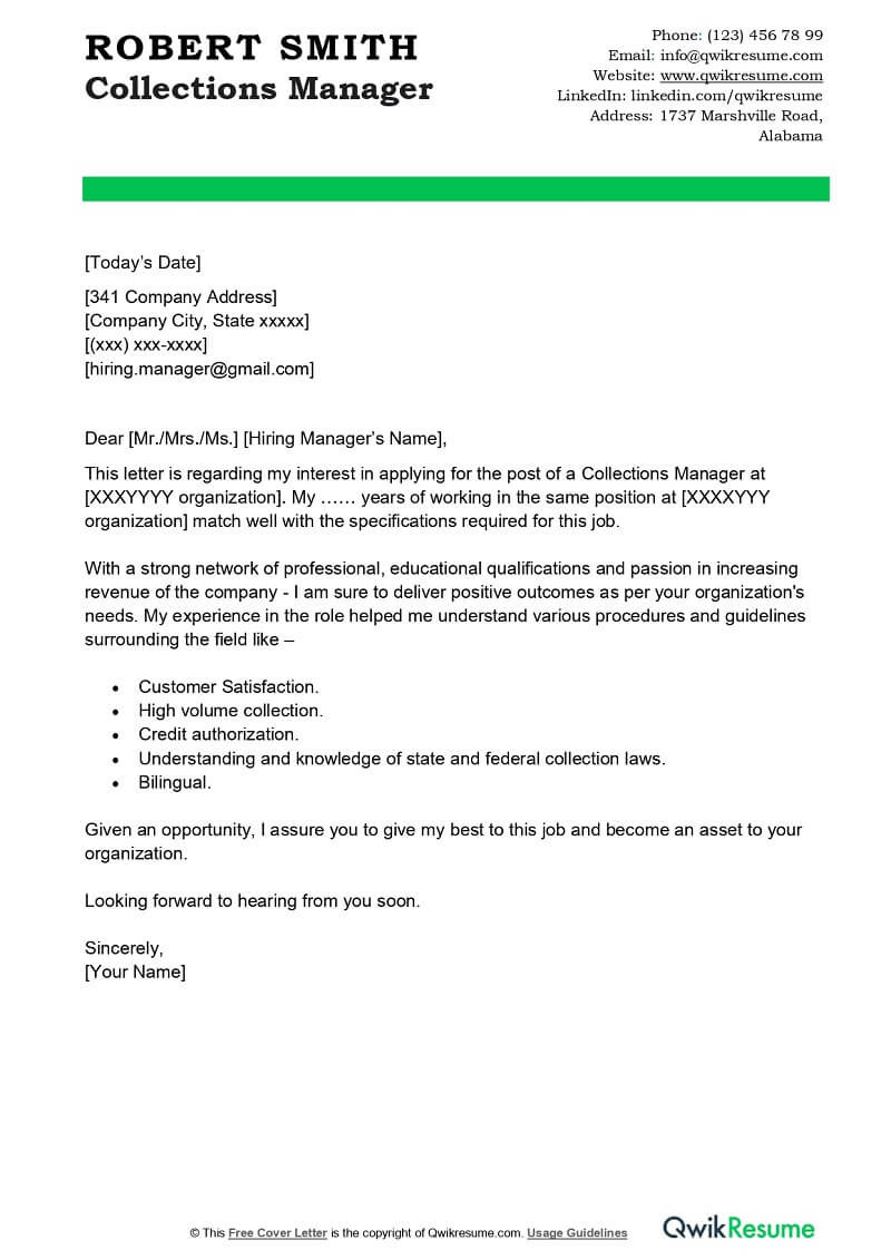 Credit and Collections Manager Resume Sample Collections Manager Cover Letter Examples – Qwikresume