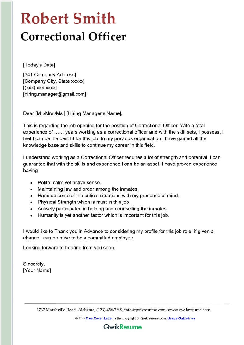 Criminal Justice Resume Cover Letter Samples Correctional Officer Cover Letter Examples – Qwikresume