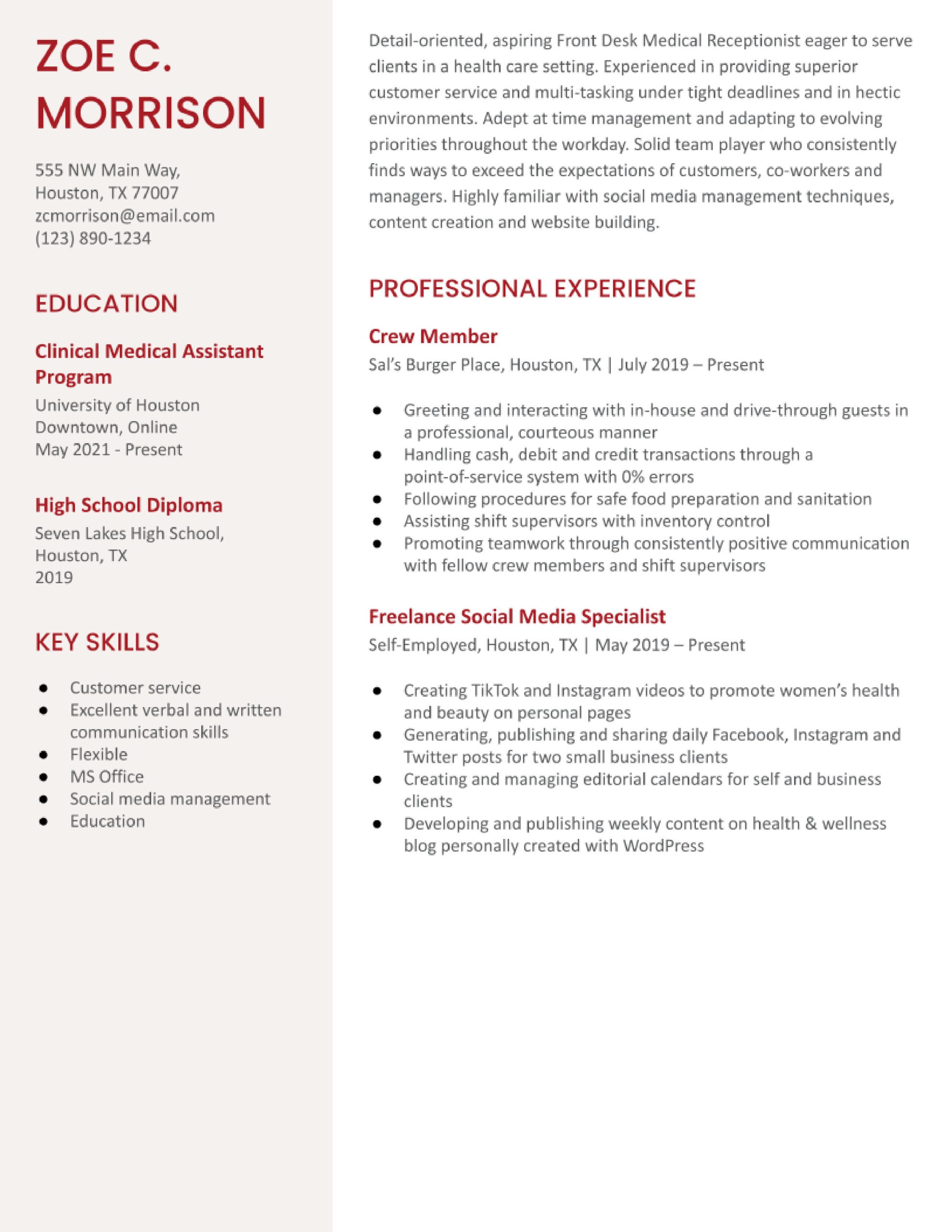 Direct Support Professional and Medical Clerk Resume Sample Front Desk Medical Receptionist Resume Examples In 2022 …