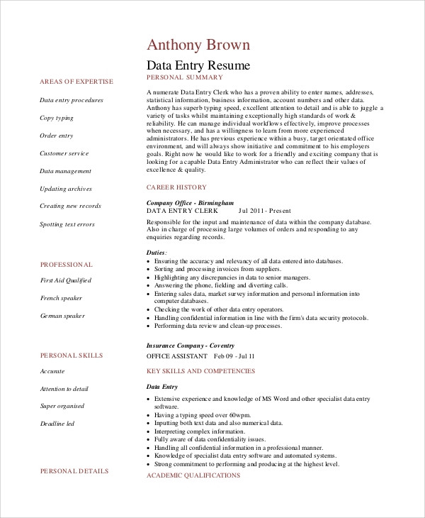 Free Sample Resume for Data Entry Clerk Free 6 Sample Data Entry Resume Templates In Pdf