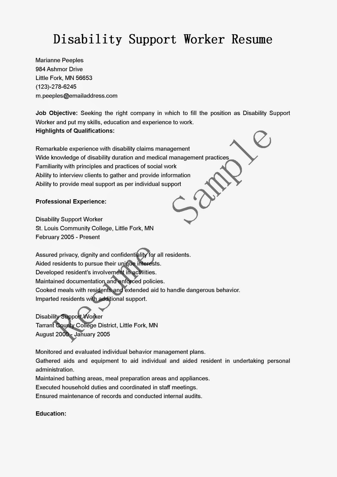 Free Sample Resume for Disability Support Worker Resume Samples Disability Support Worker Resume Sample