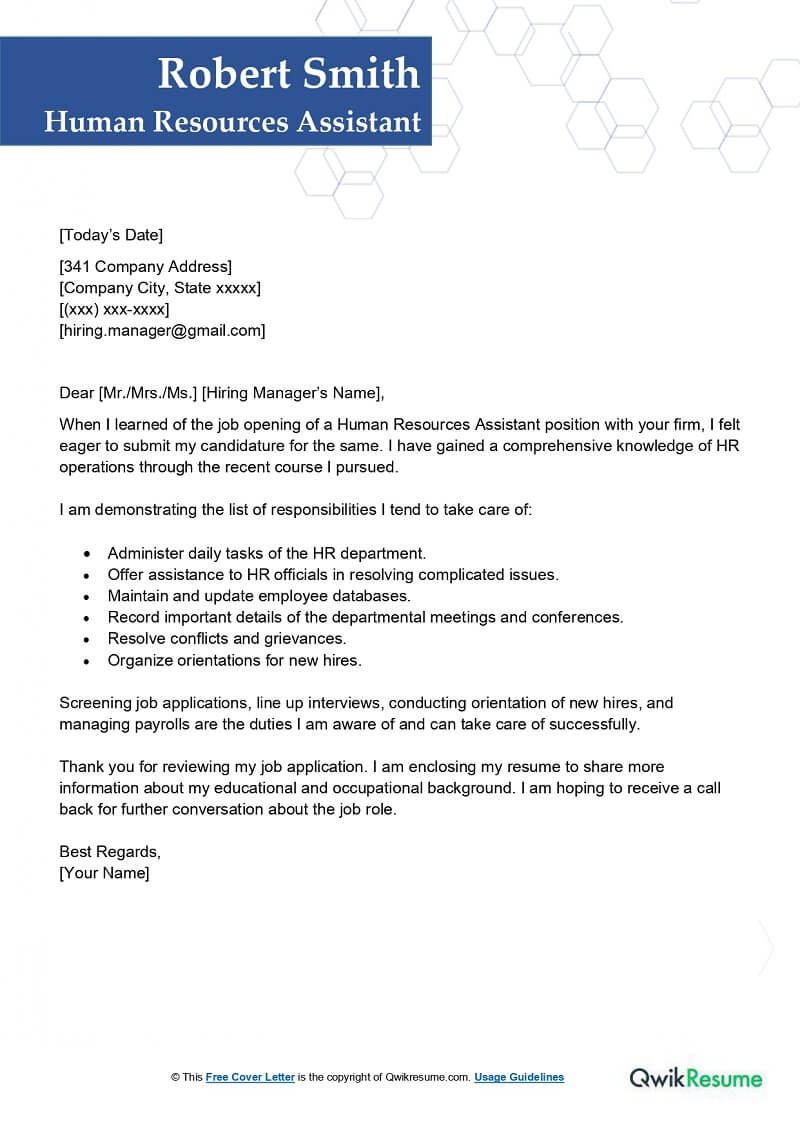 Free Sample Resume for Human Resources assistant Human Resources assistant Cover Letter Examples – Qwikresume