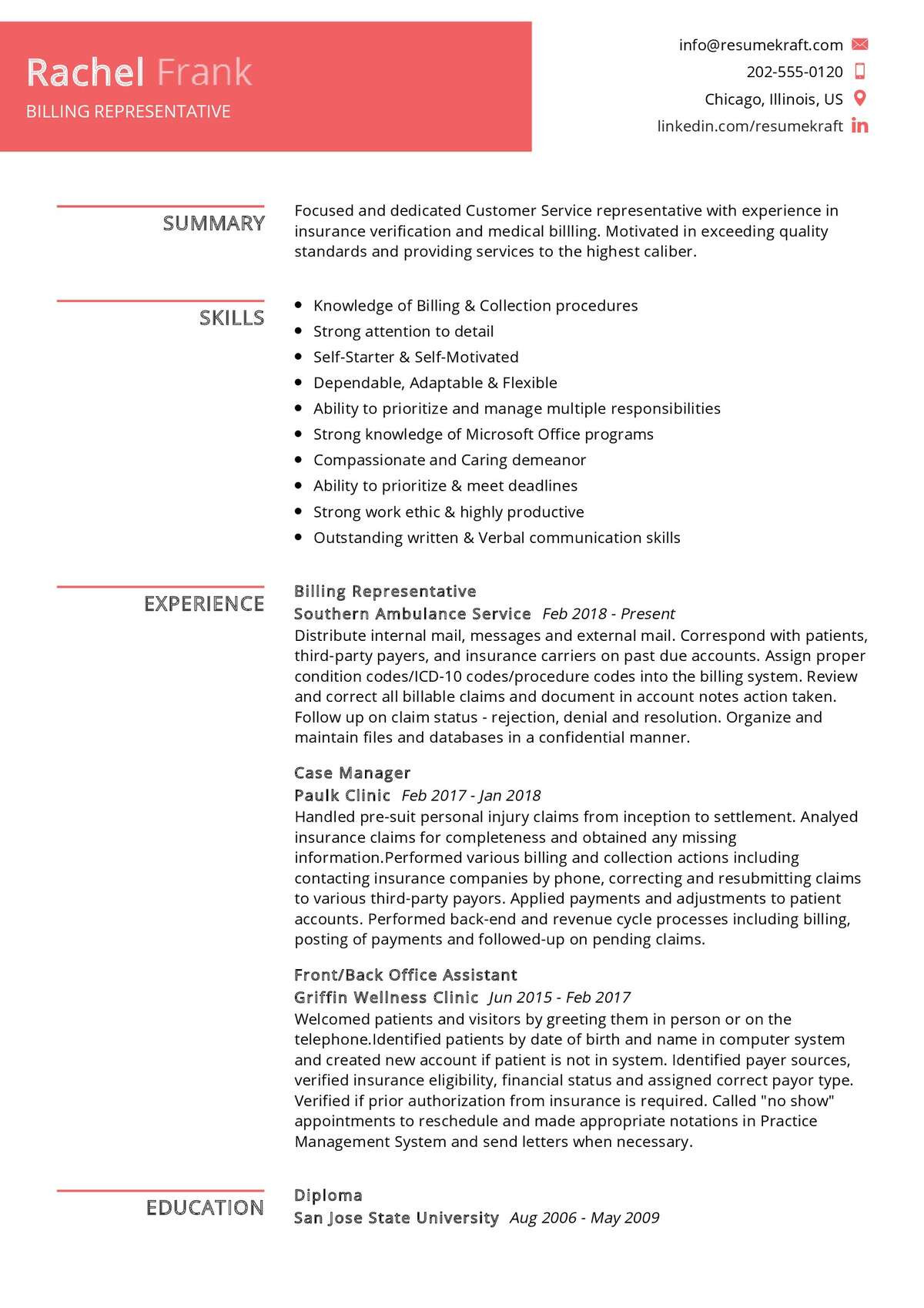 Medical Billing and Collections Sample Resume Billing Representative Resume Sample 2021 Writing Guide & Tips …