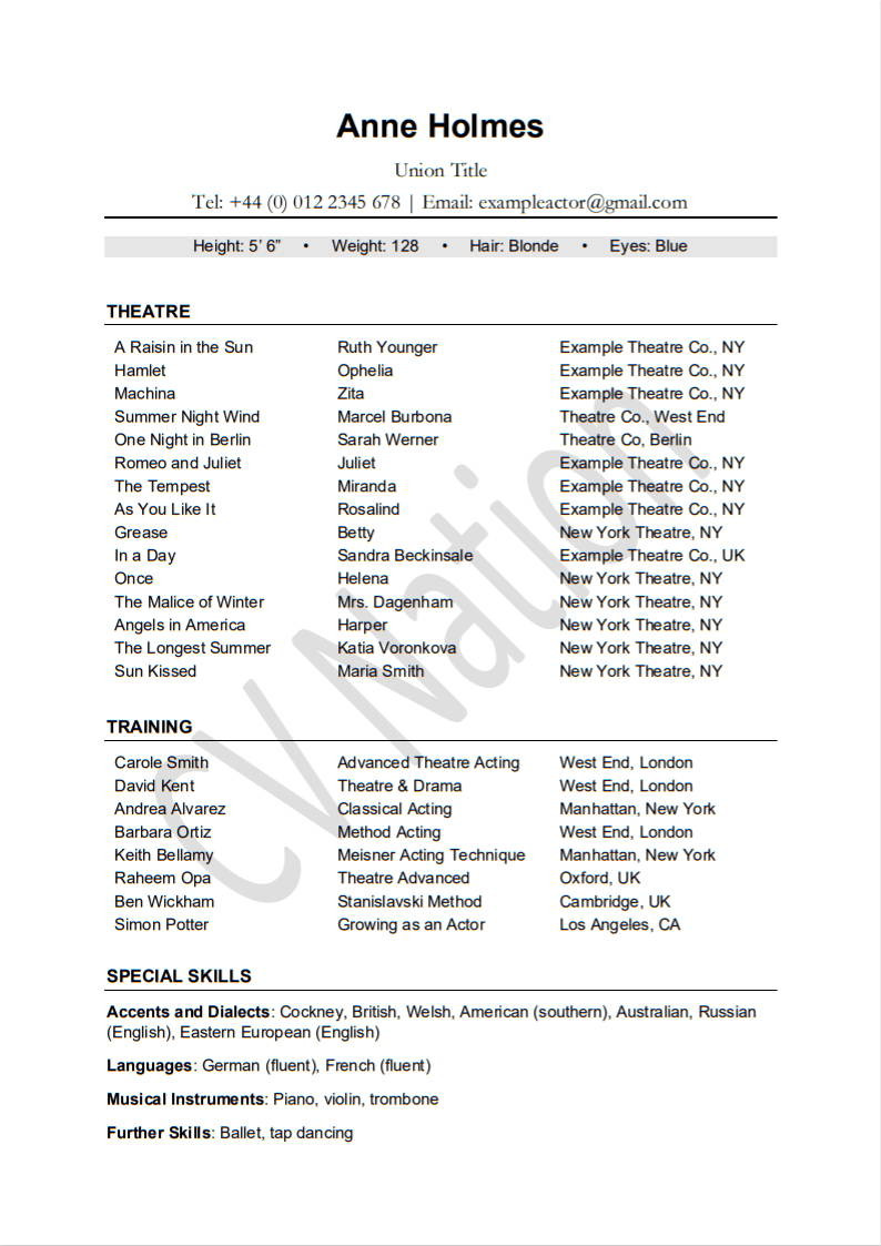 New York City Actor Resume Sample 5 Acting Resume Examples (lancarrezekiq Resume Writing Guide) â Cv Nation