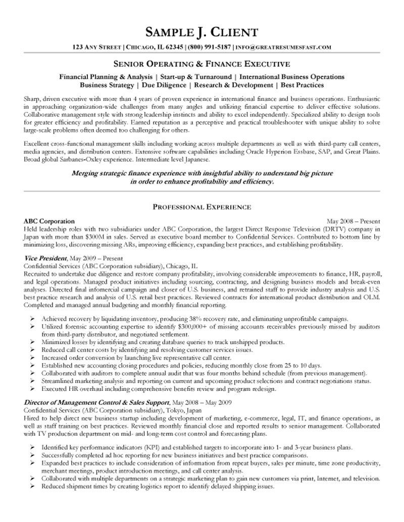 Research and Development Due Diligence Vice President Sample Resume Senior Operating and Finance Executive Resume