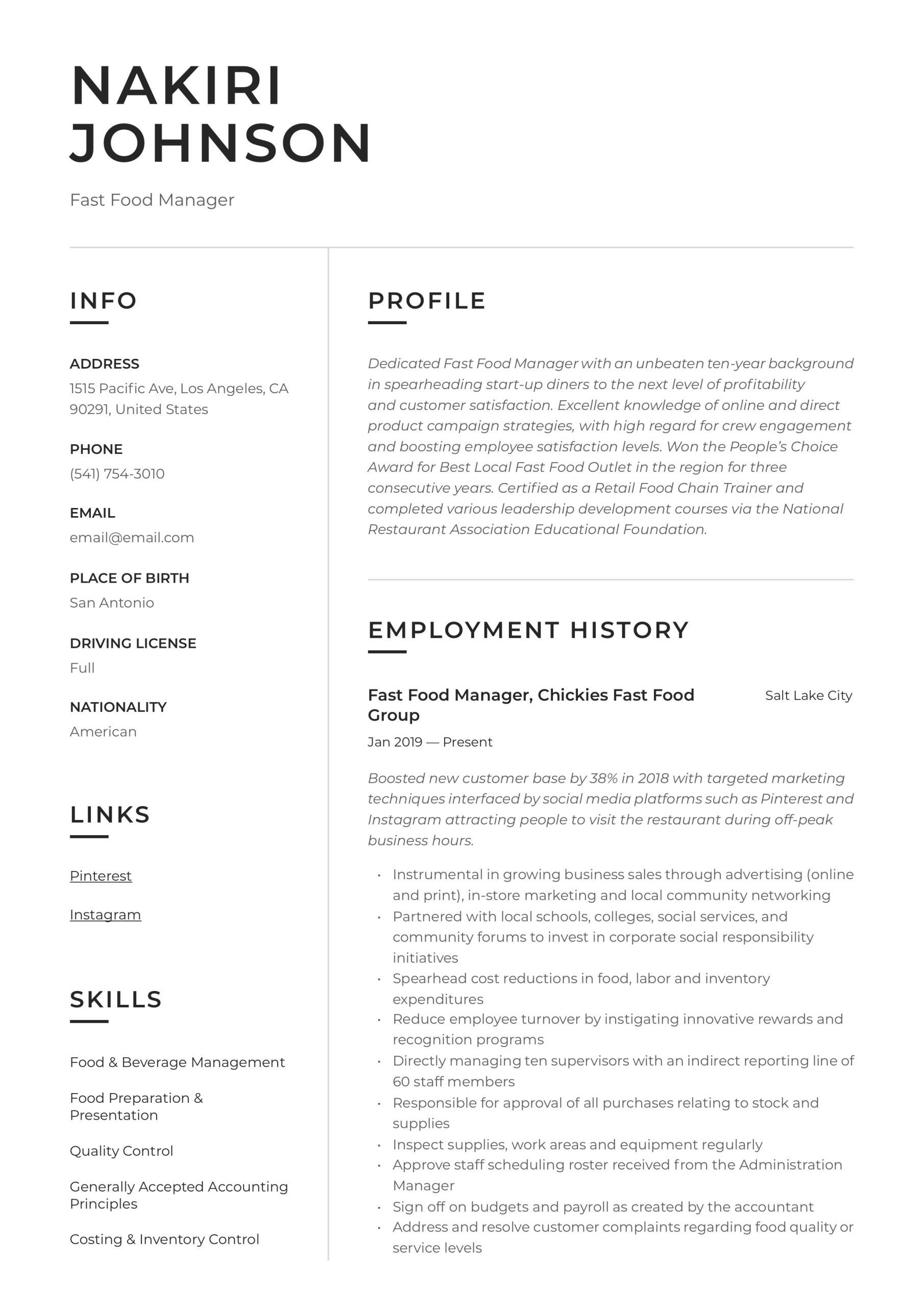Resume Samples for Fast Food Restaurant Fast Food Manager Resume & Writing Guide  12 Examples 2022