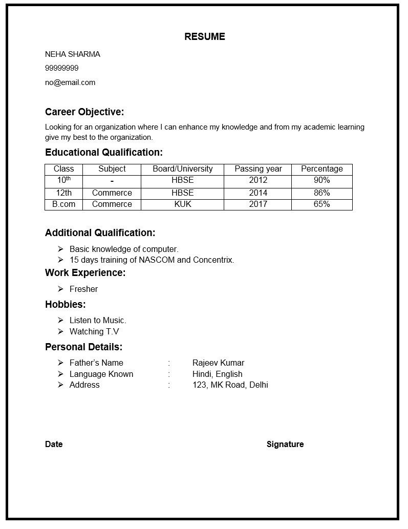 Resume Samples for Freshers 12th Pass Punjab and Politics Around It: Fresher Resumes