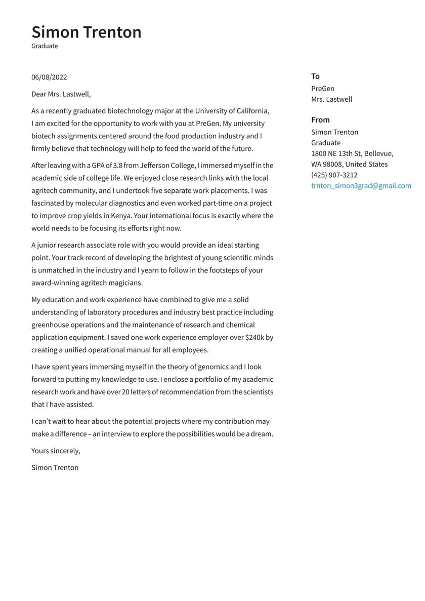 Sample Cover Letter for Resume Grad School Graduate Cover Letter Example & Writing Guide Â· Resume.io