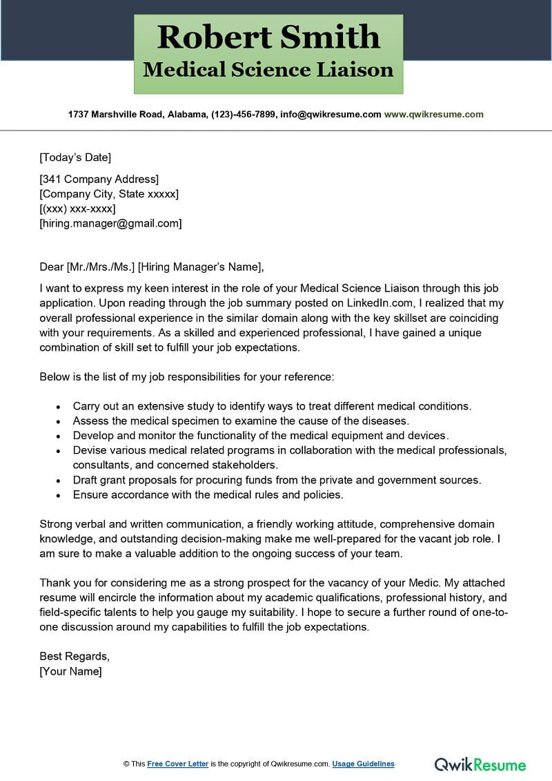 Sample Cover Letter for Resume In Medical Field Medical Science Liaison Cover Letter Examples – Qwikresume