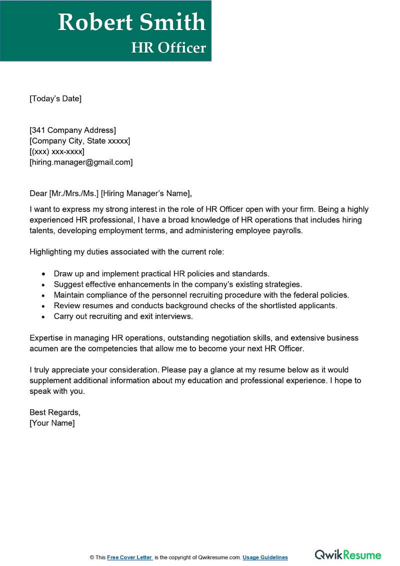Sample Human Resources Resume Cover Letter Human Resources Officer Cover Letter Examples – Qwikresume