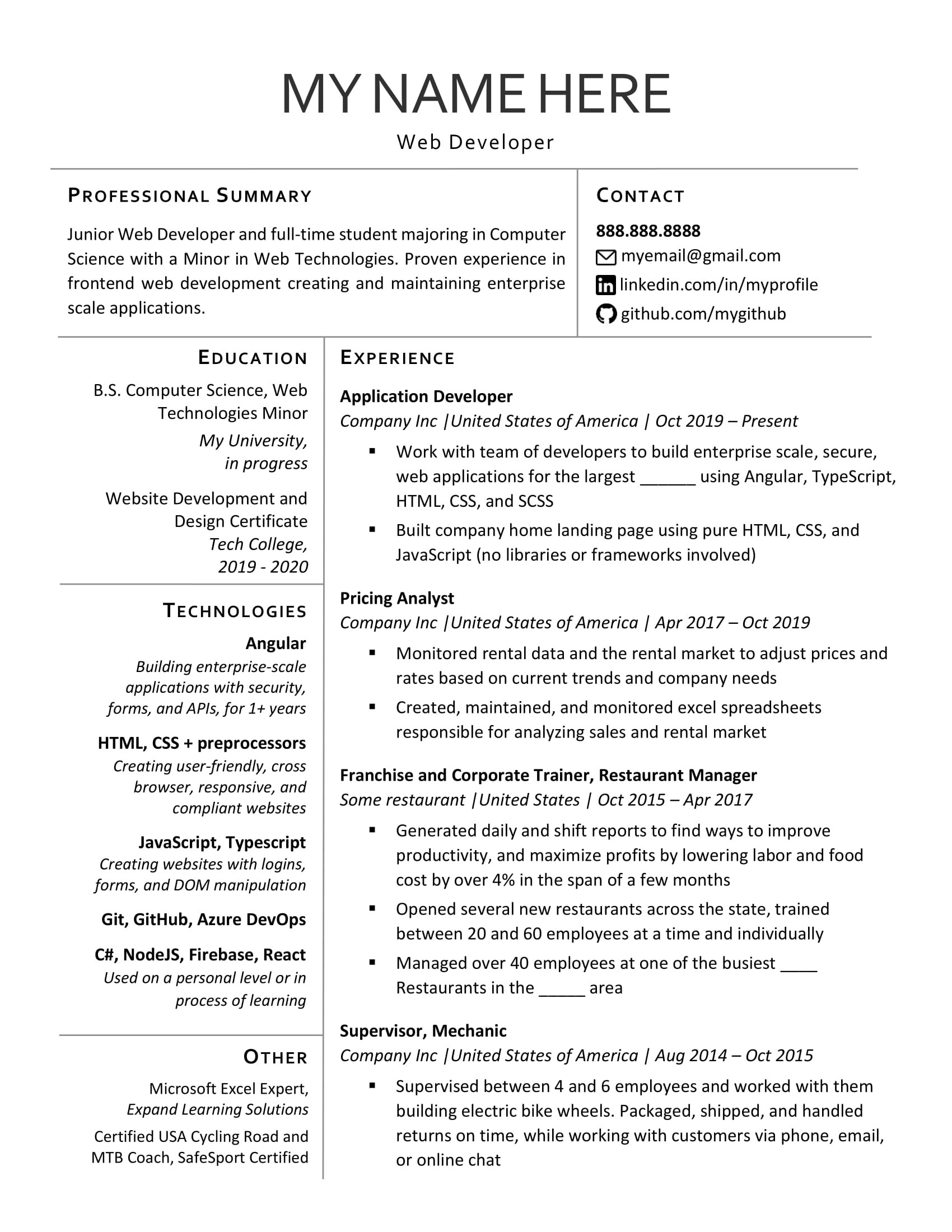 Sample Of A Great Resume Help Desk Reddit Applying for Cs Web Development Jobs, and Found and Used This …