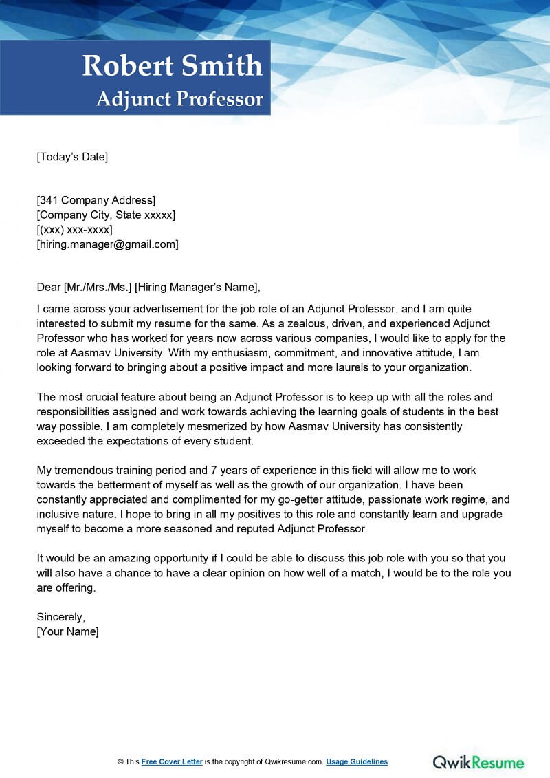 Sample Resume for Adjunct Teaching Position Adjunct Professor Cover Letter Examples – Qwikresume