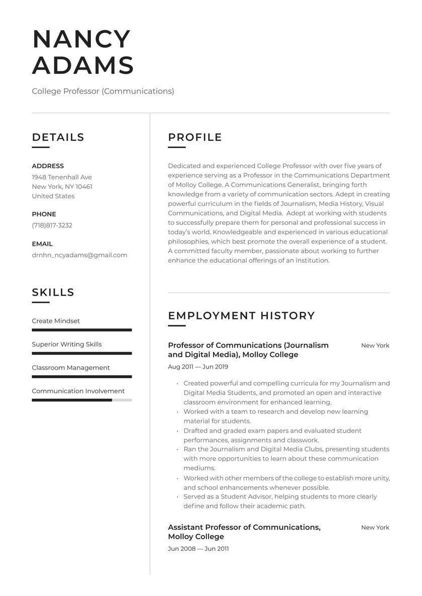 Sample Resume for Adjunct Teaching Position College Professor Resume Example & Writing Guide Â· Resume.io