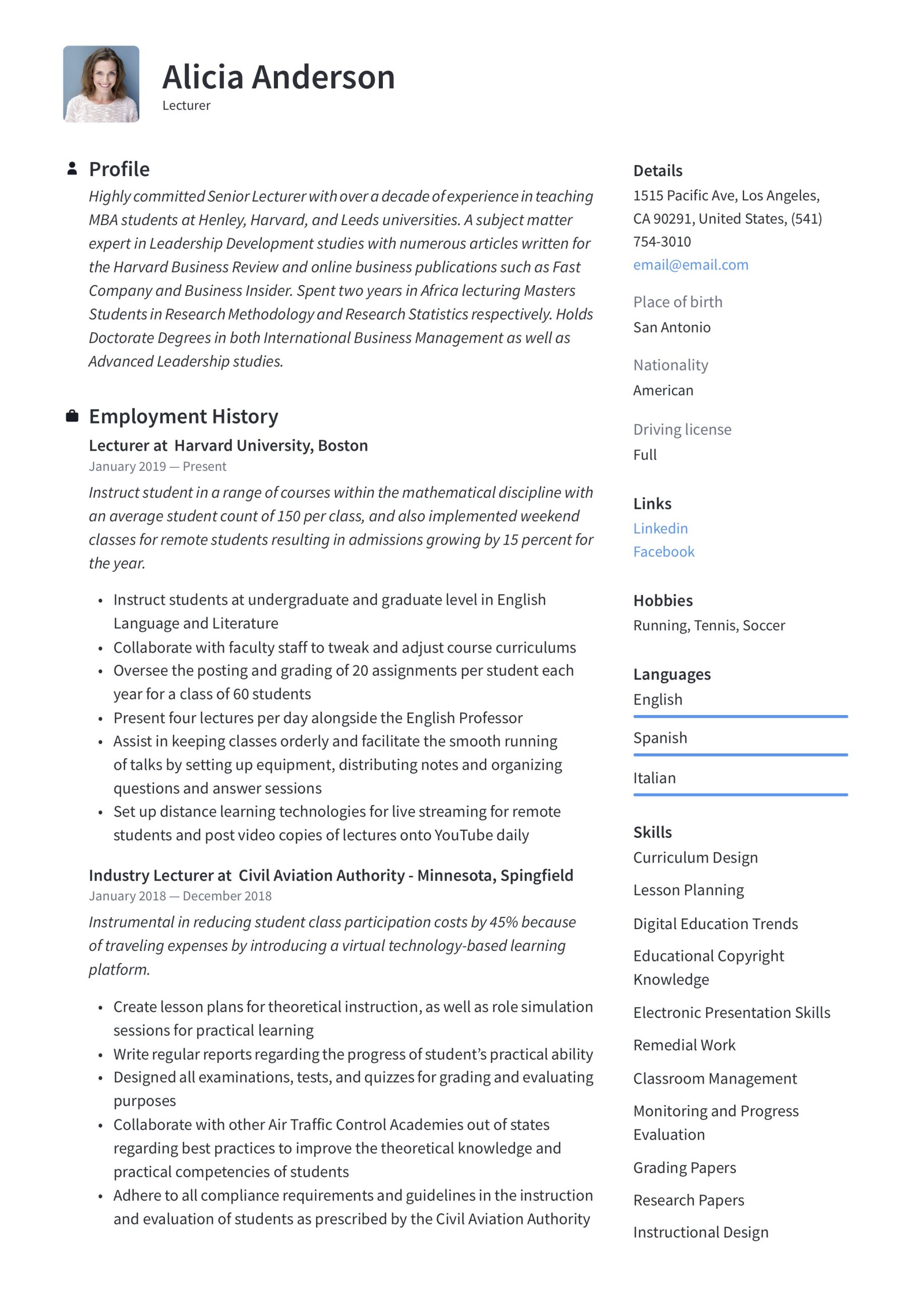 Sample Resume for Adjunct Teaching Position Lecturer Resume & Writing Guide  18 Free Examples 2020