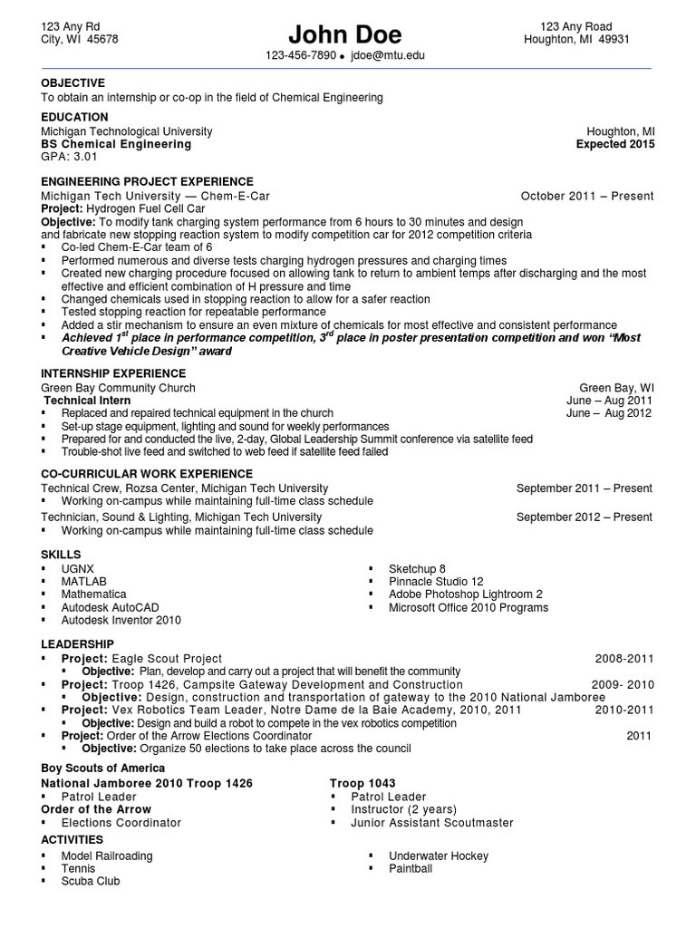 Sample Resume for Chemical Engineering Internship Chemical Engineer Resume Technology