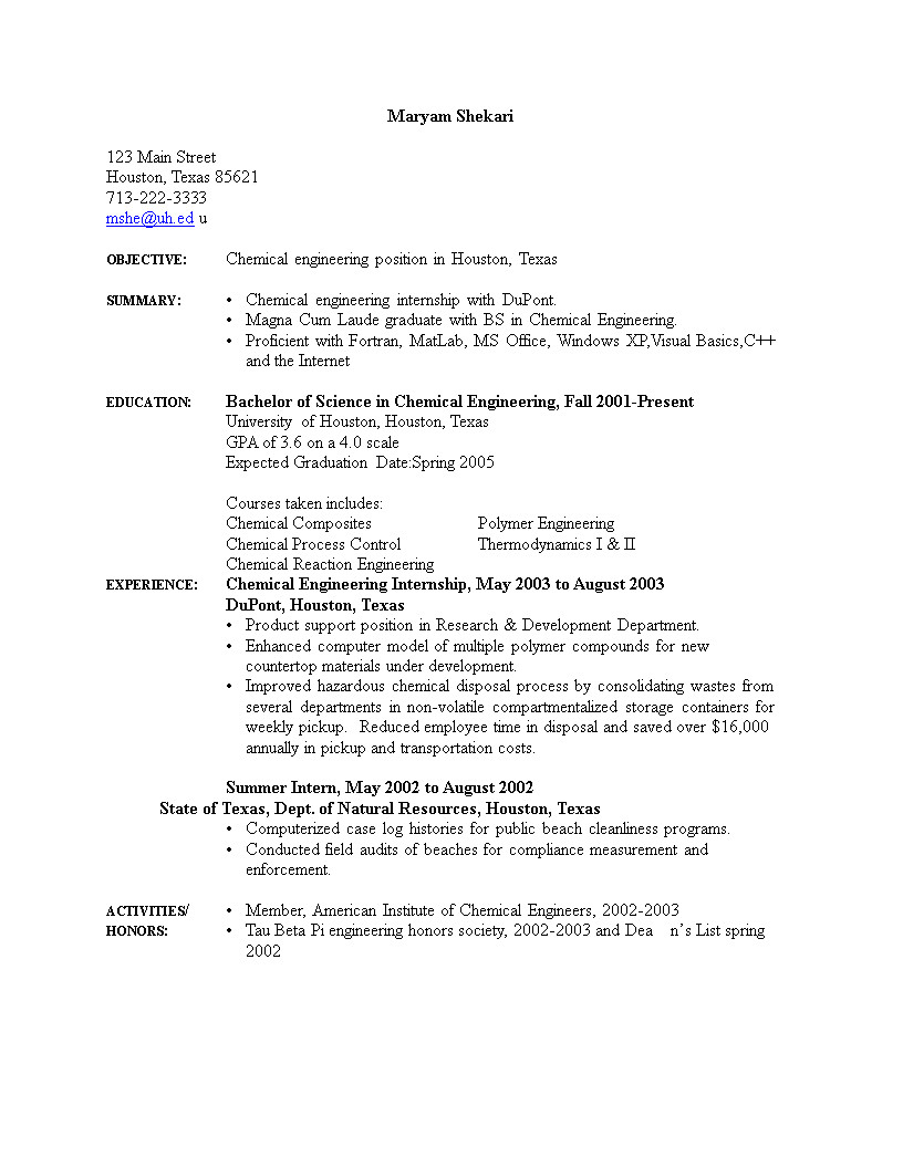 Sample Resume for Chemical Engineering Internship Internship Chemical Engineering Resume