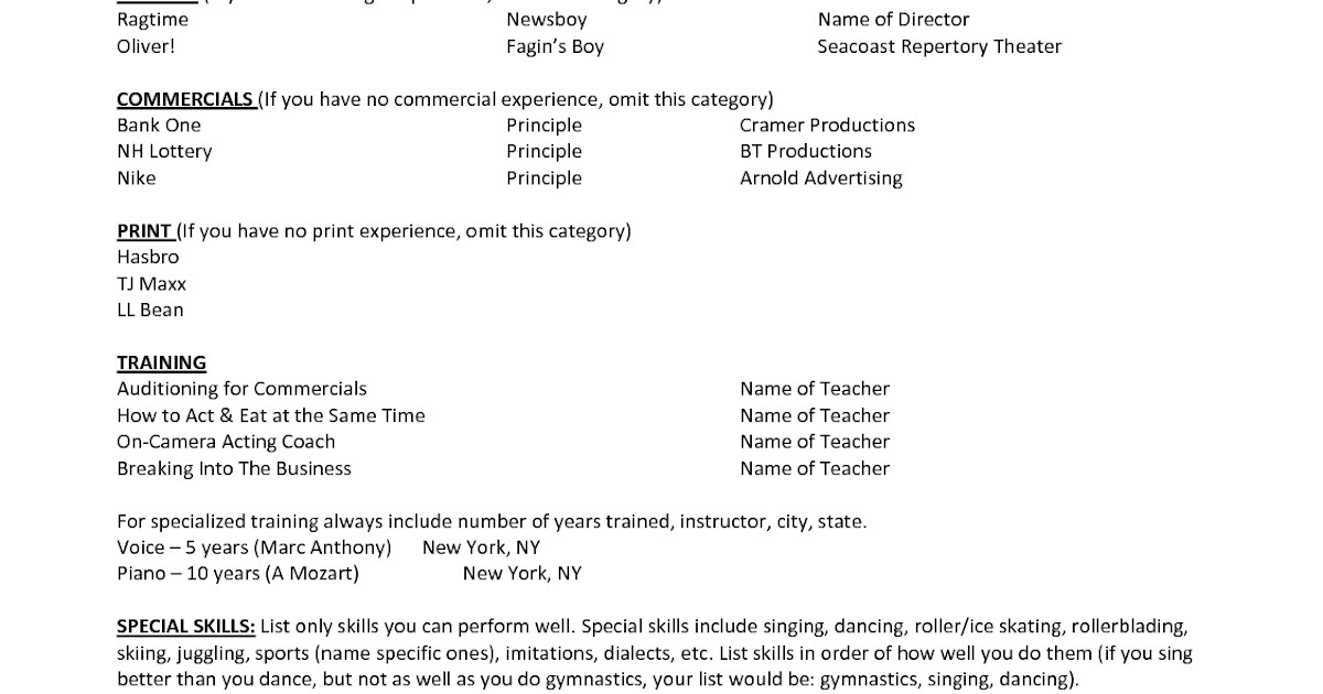 Sample Resume for Child Actor with No Experience Child Acting Resume Template No Experience Template Walls