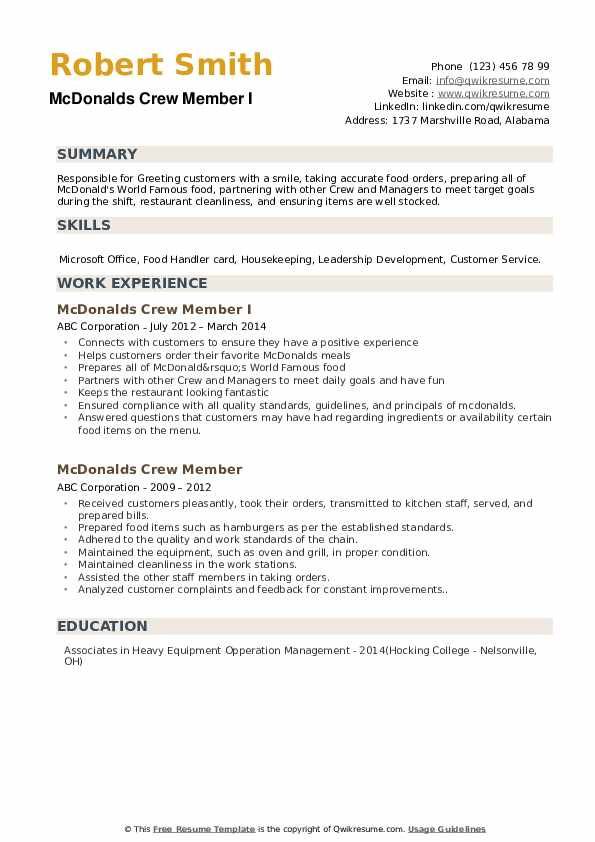 Sample Resume for Crew Member at Mcdonalds Mcdonalds Crew Member Resume Samples