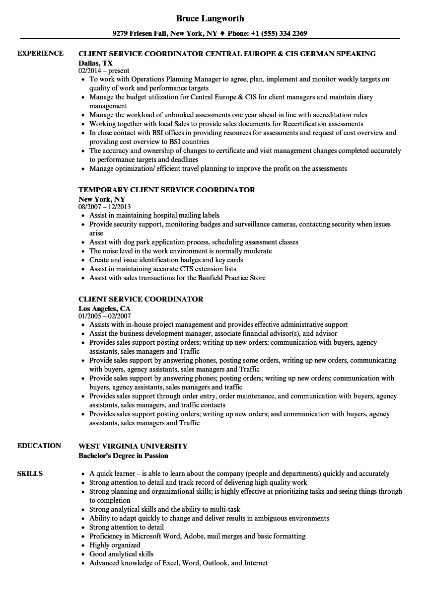 Sample Resume for Customer Service Coordinator Client Service Coordinator Job Description for Resume