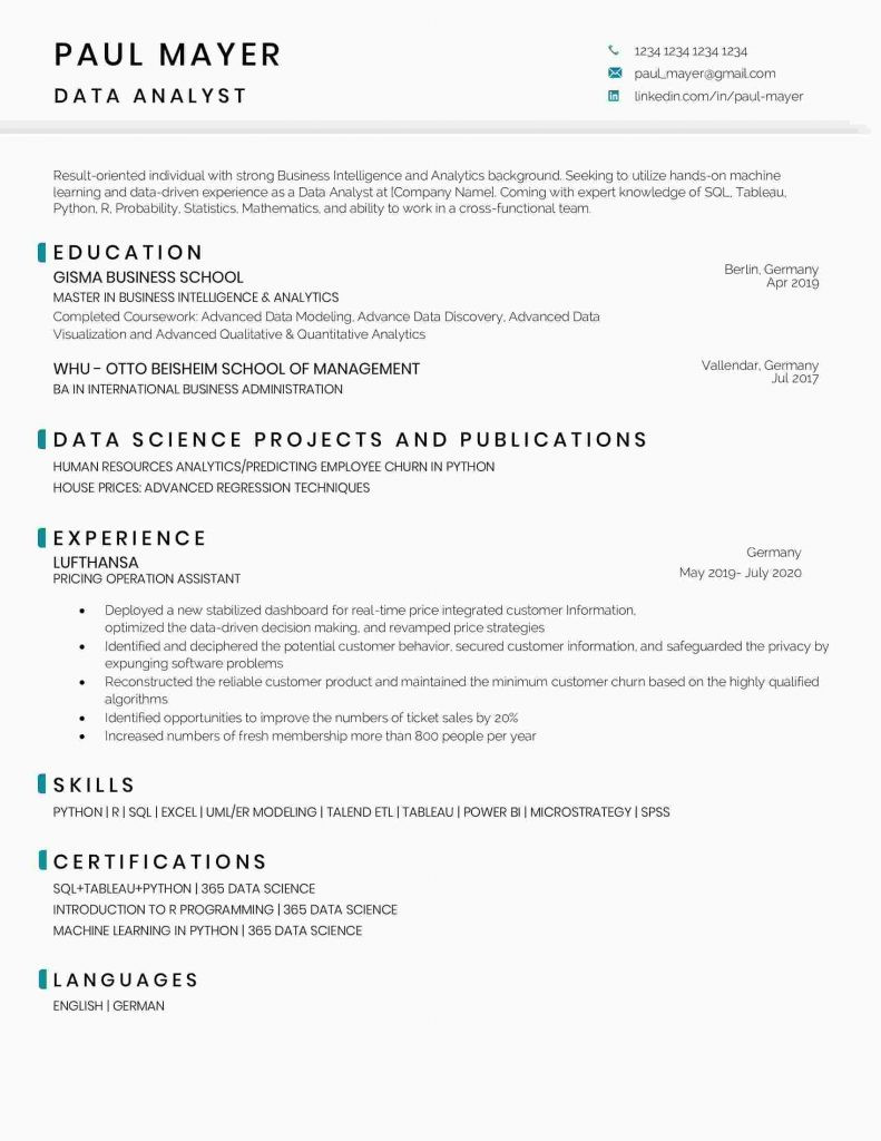 Sample Resume for Data Analyst Internship Data Analyst Resume Sample and Template 365 Data Science