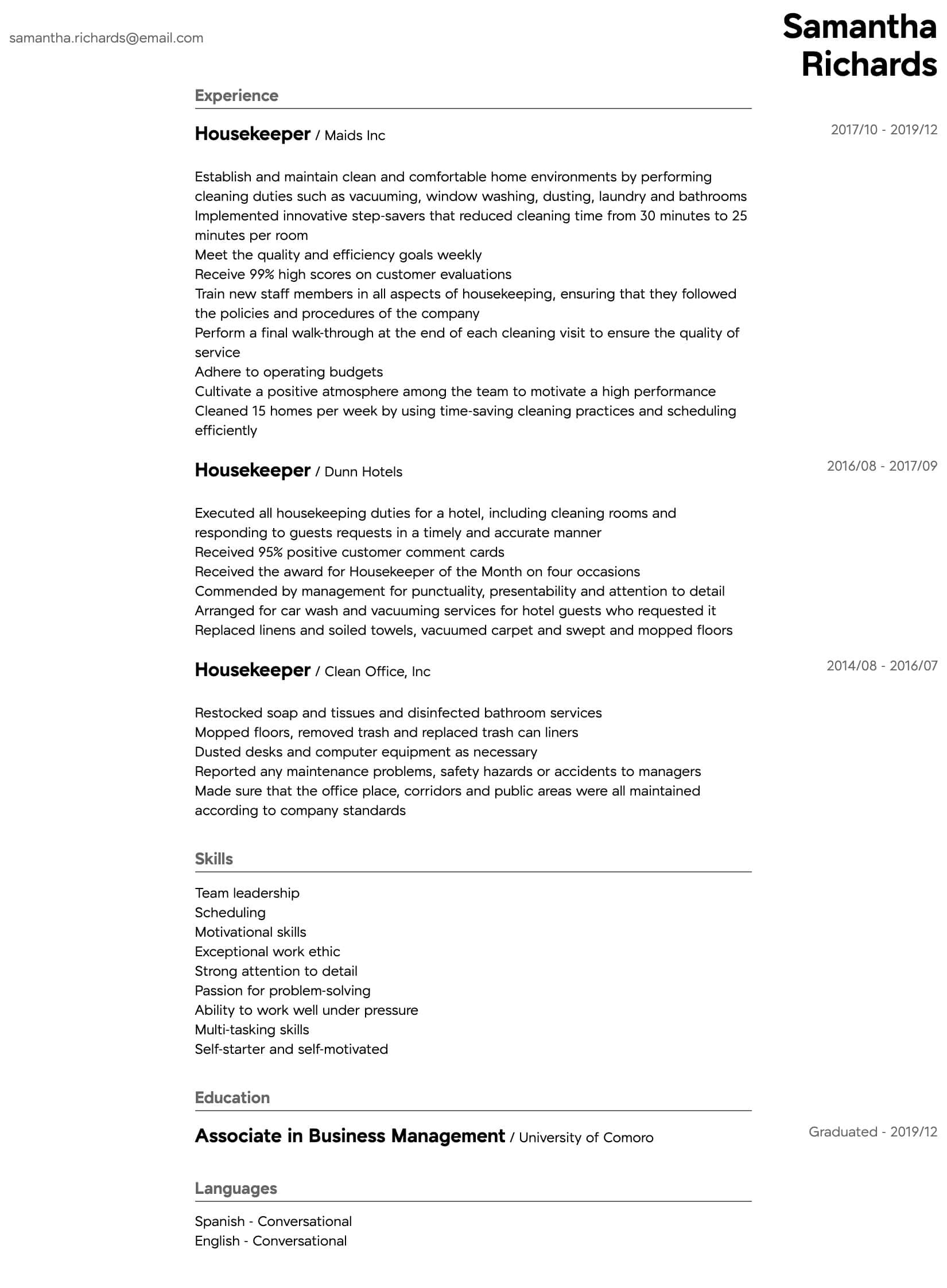 Sample Resume for Housekeeping Job In Hotel Housekeeper Resume Samples All Experience Levels Resume.com …